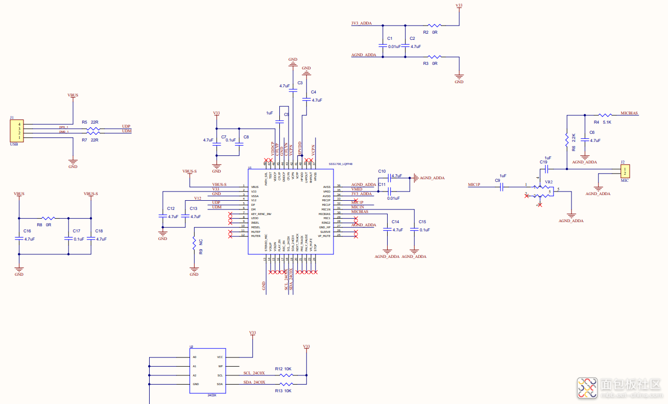 鑫创SSS1700|SSS1700C1 LQFP48芯片|USB声卡芯片电路图