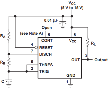 说明: 计算机生成了可选文字: Vcc (SVtp15V) 0.01以F Open (SeeNa,eA)}5 零 RA CONT RESET DISCH THRES TR!G RL R日 Output }T} 竺vccOUNDL工． }G一11 4一7一内O一2 一士二 V