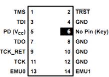 说明: 计算机生成了可选文字: TMS TD! PD(Vcc) TDO TCKRET TCK EMUD TRST GND NoPin《Key) GND GND GND EMUI